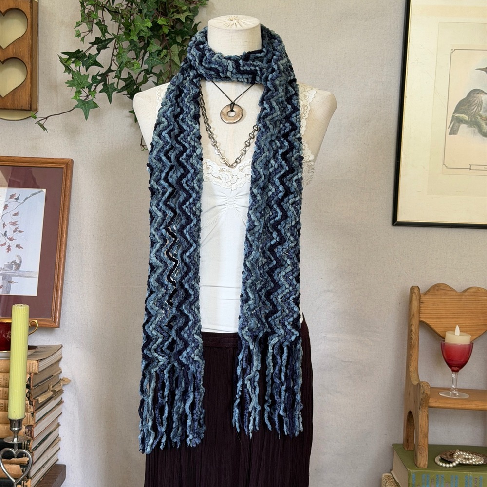 Blue Chevron Knit Fringe Scarf Boho Vintage Retro Funky Whimsy Cozy Chunky Knit